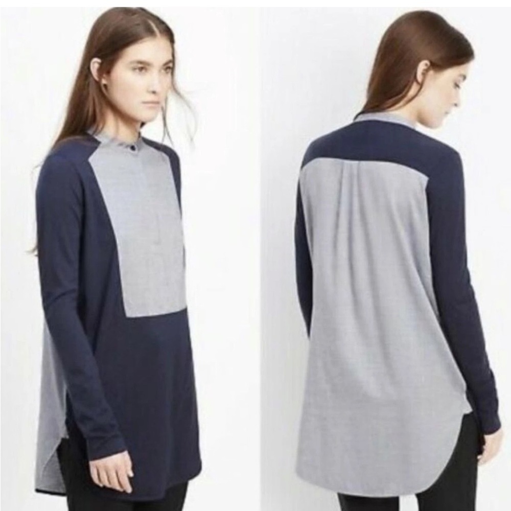 Vince Women’s Mixed Media Tuxedo Tunic Top Navy Blue Mandarin Collar Small